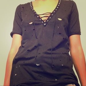 Distressed lace up t-shirt